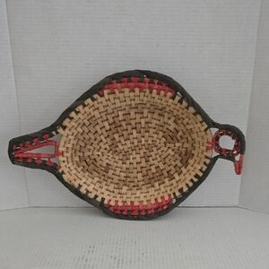 Handwoven Bird Shaped Basket with Red and Black Accents